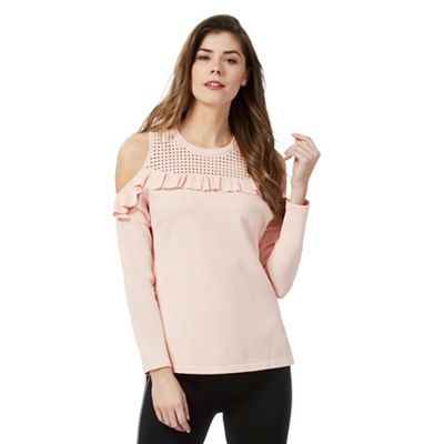 Pale pink mesh cold shoulder jumper
